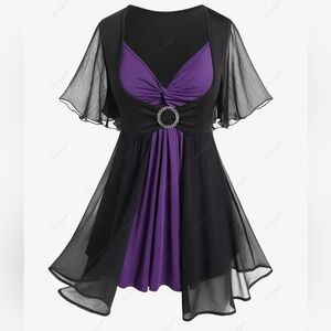 RoseGal Plus Size Flutter Sleeves Twist Colorblock 2 in 1 Tee - Black & Purple